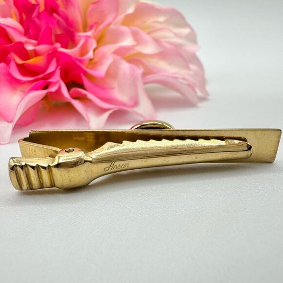 Vintage Anson Brown Cabochon Beaded Textured Gold Tone Tie Clip Bar Signed - Picture 5 of 6